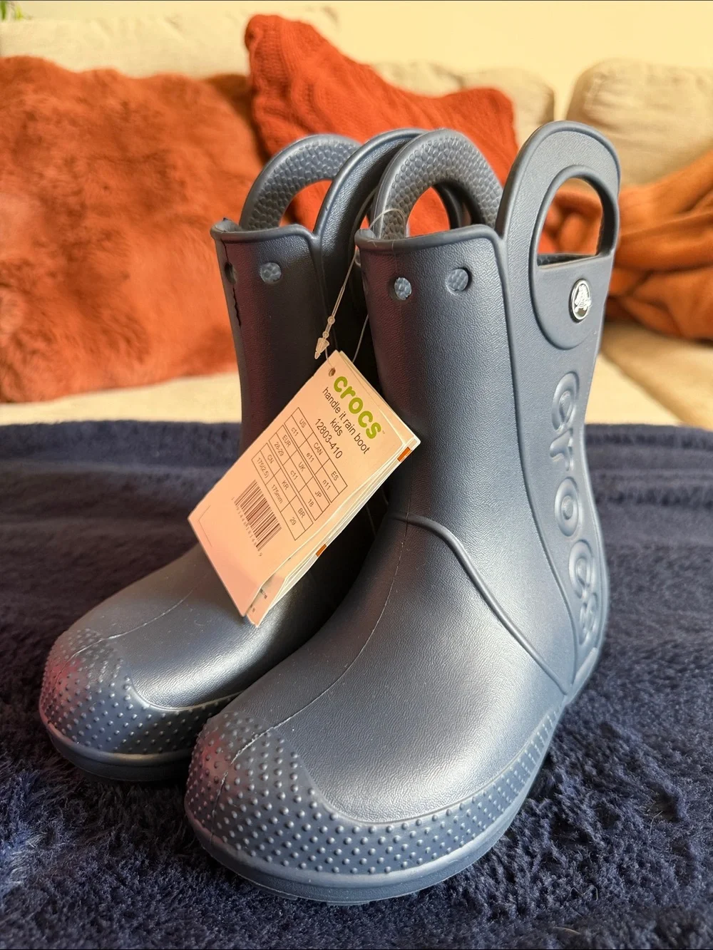 CROCS Kids' Navy Blue Rain Boots with Easy-Grab Handles